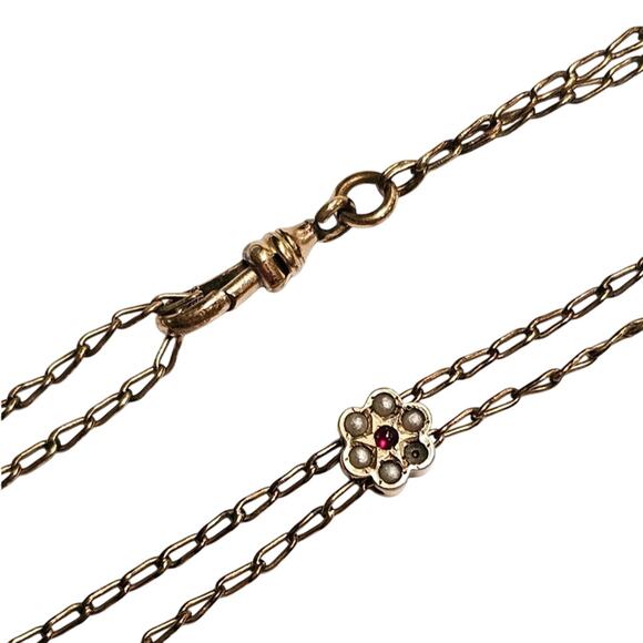 Vintage Victorian Gold Filled Watch Chain | Seed Pearl & Garnet Slider Necklace - Picture 1 of 3